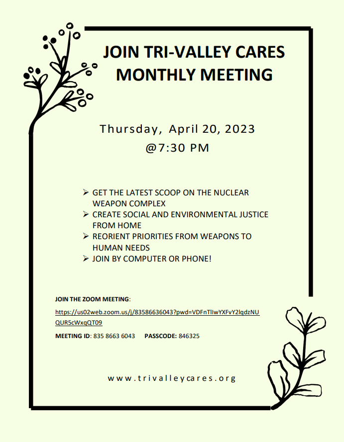 Tri-Valley CAREs’ April Virtual Meeting