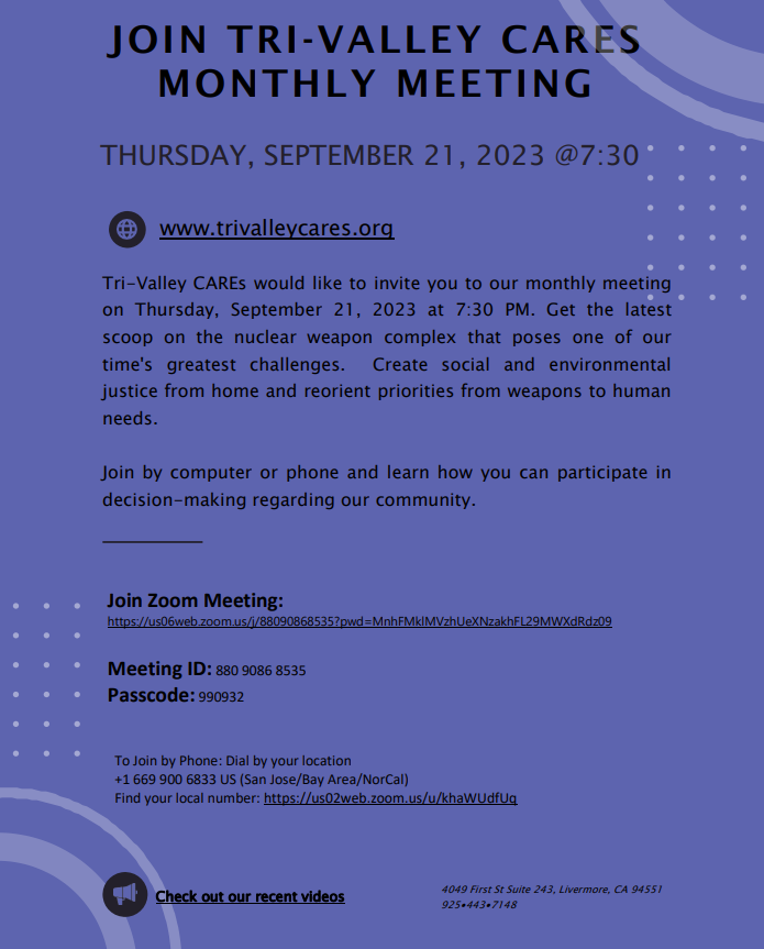 Tri-Valley CAREs’ September Virtual Meeting