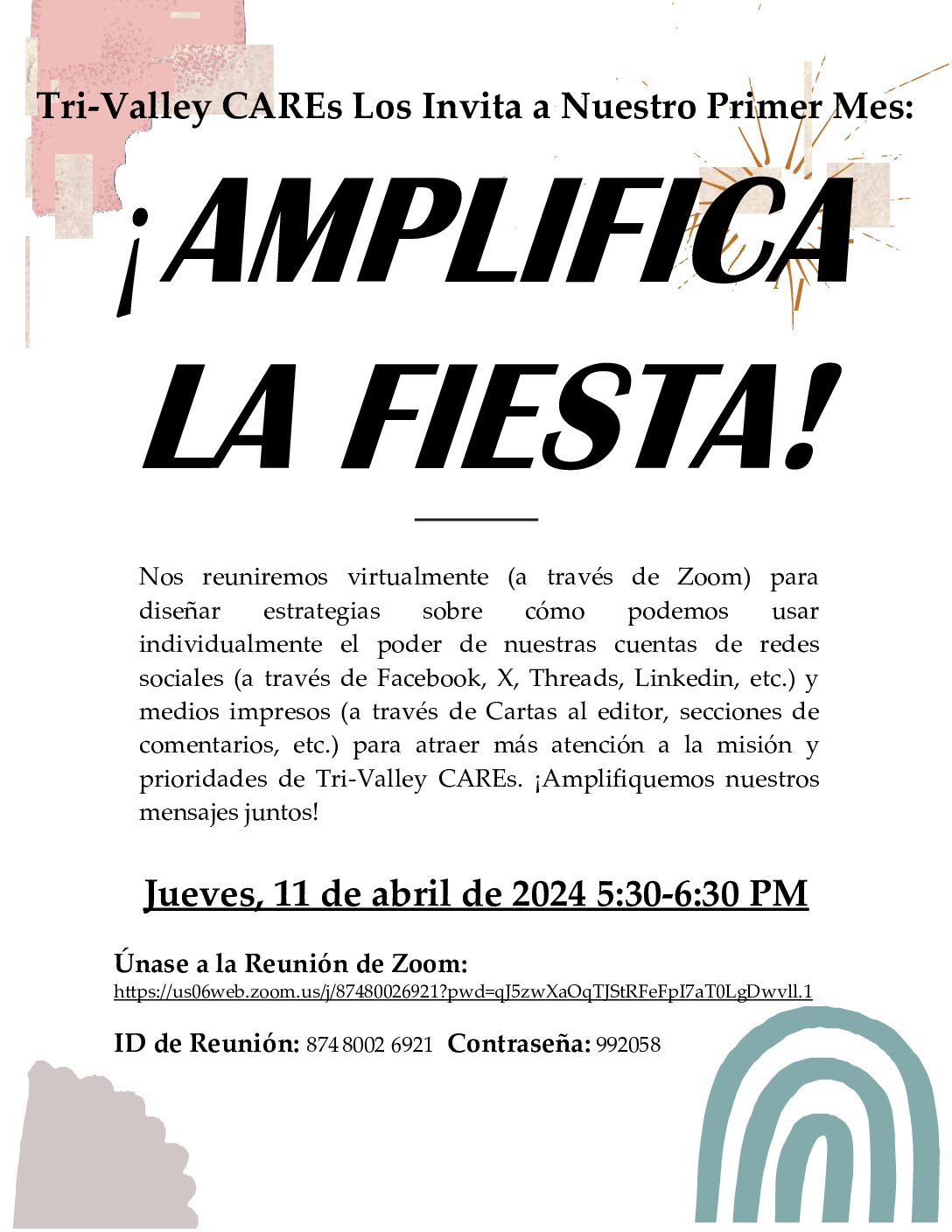 ¡Tri-Valley CAREs Lo Invita a Nuestra Primera FIESTA de Amplificación Mensual!