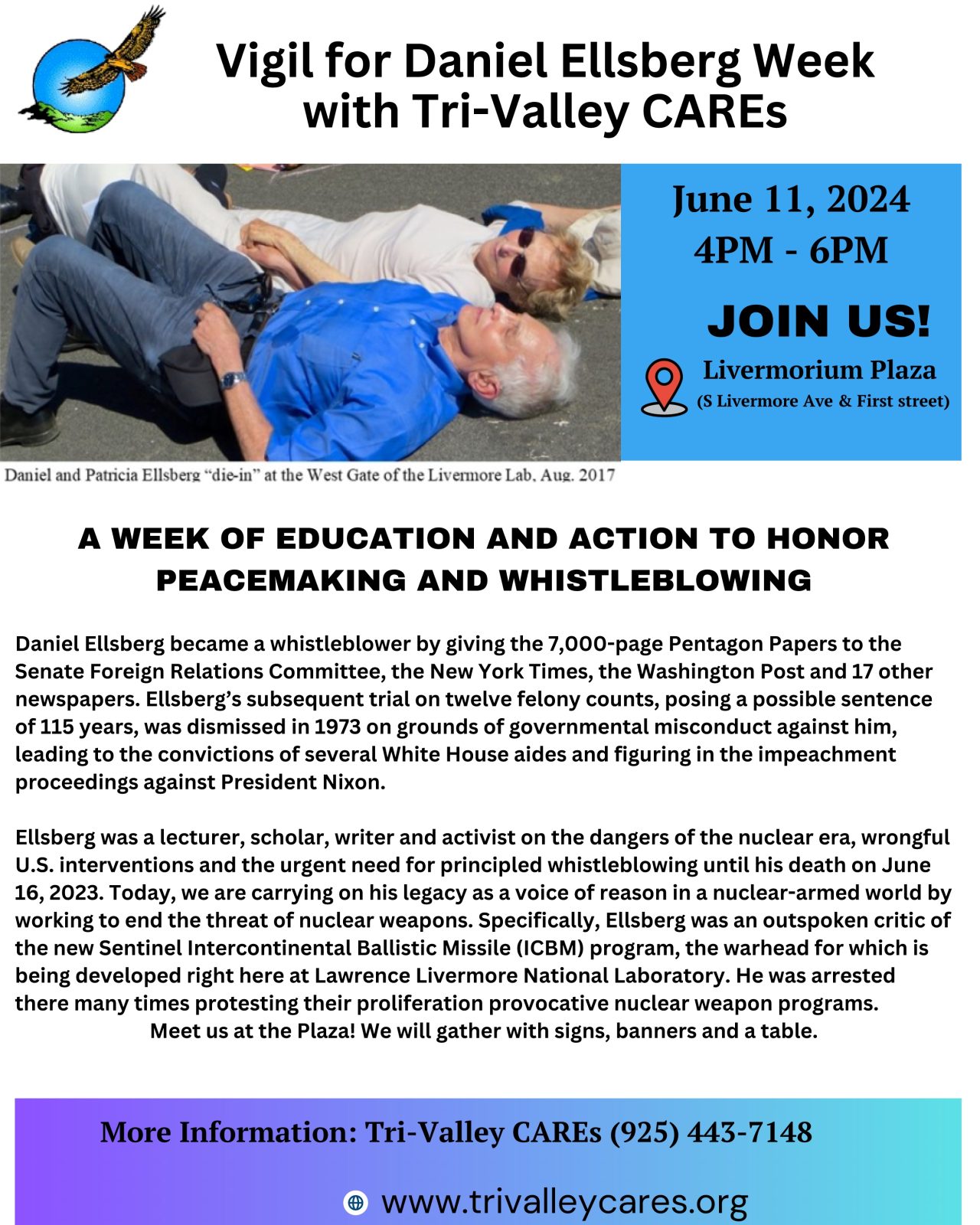 Join Us! Vigil for Daniel Ellsberg Week with Tri-Valley CAREs