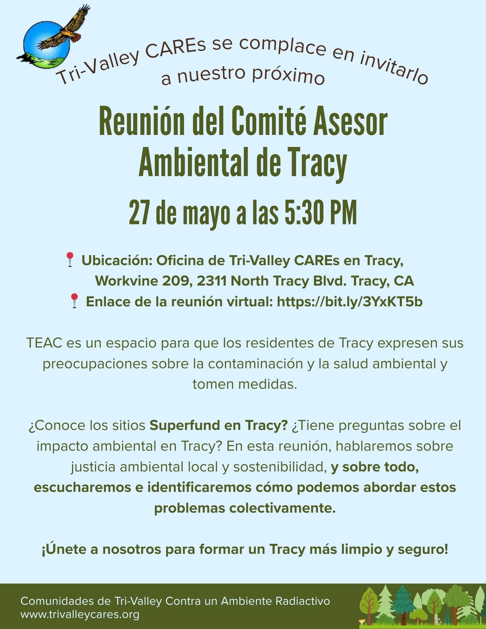 Tri-Valley CAREs se Complace en Invitarlo a Nuestra Próxima Reunión del Comité Asesor Ambiental de Tracy el 27 de Mayo a las 5:30 p.m.