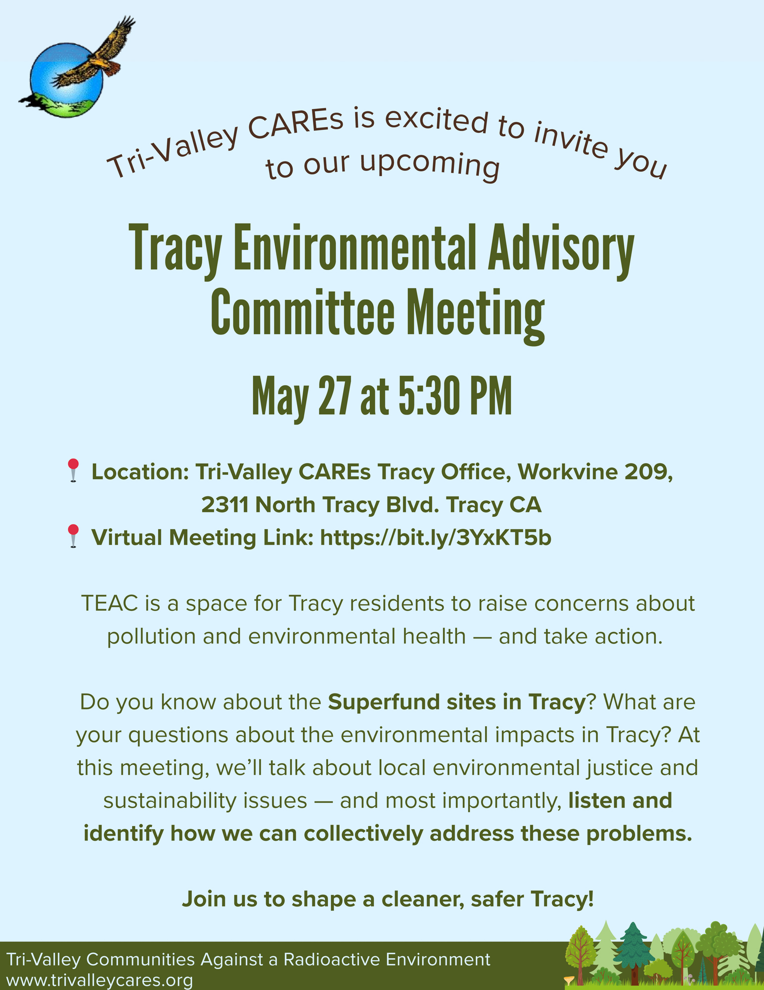 Tri-Valley CAREs is excited to invite you to our upcoming Tracy Environmental Advisory Committee Meeting May 27 at 5:30 PM