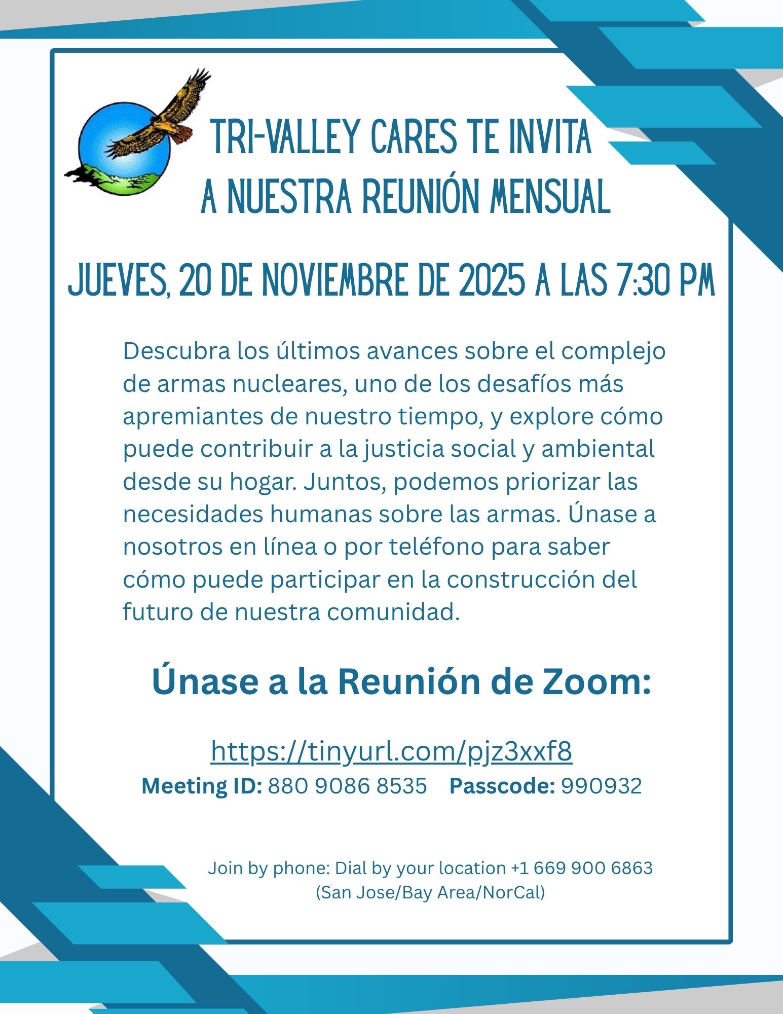 Tri-Valley CAREs le Invita a Nuestra Reunión Mensual de Noviembre