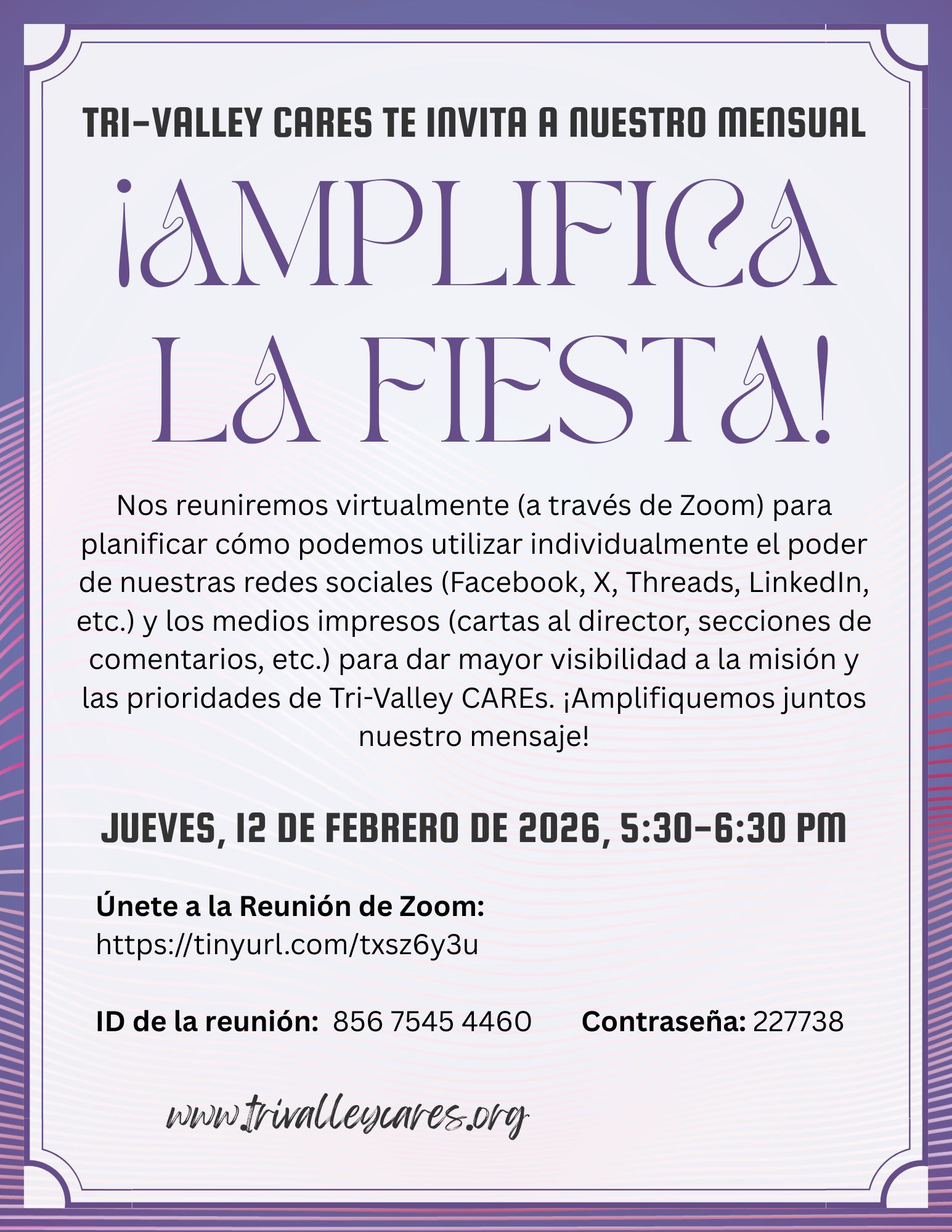 ¡Tri-Valley CAREs Lo Invita a Nuestra FIESTA de Amplificación Mensual!