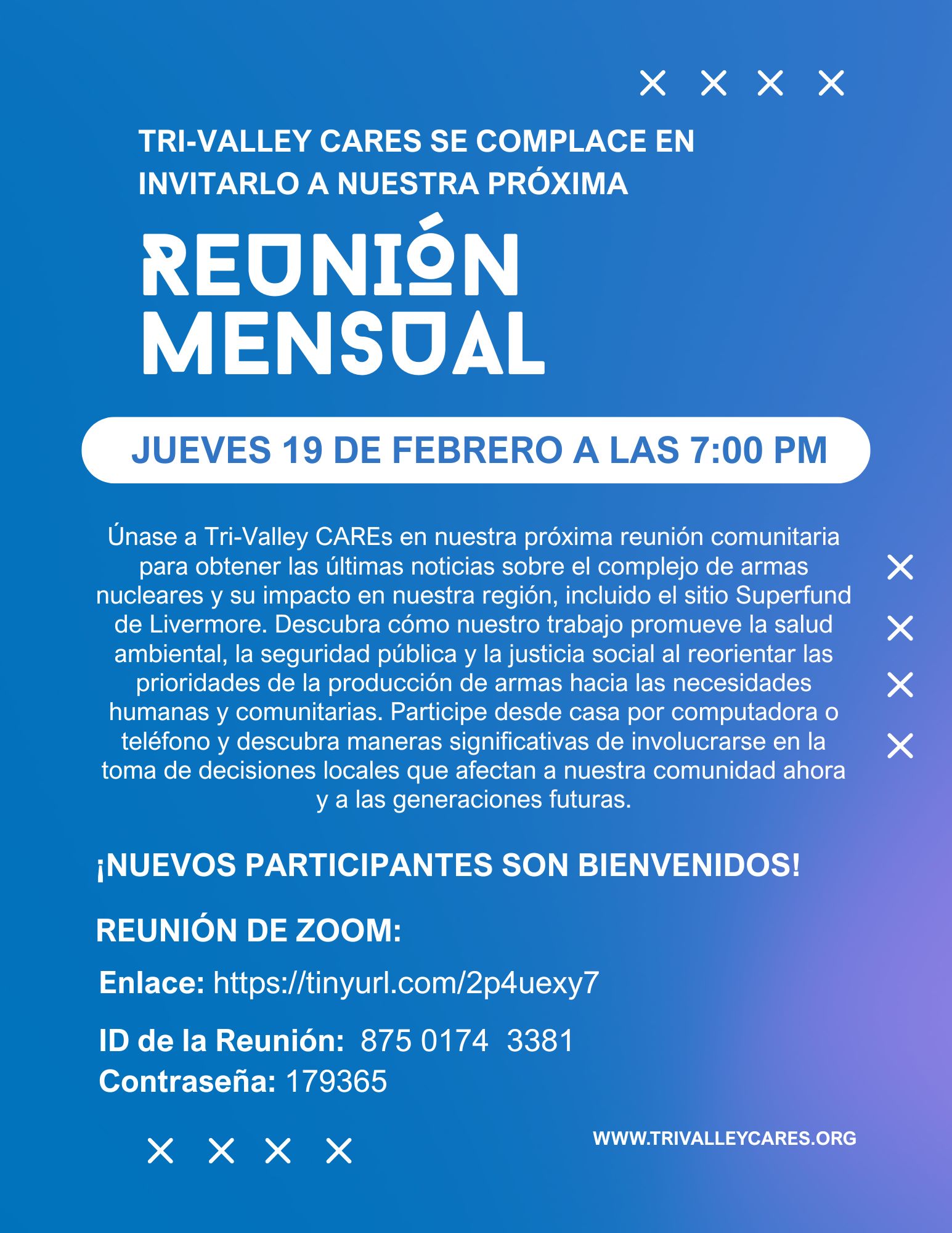 Tri-Valley CAREs le Invita a Nuestra Reunión Mensual de Febrero