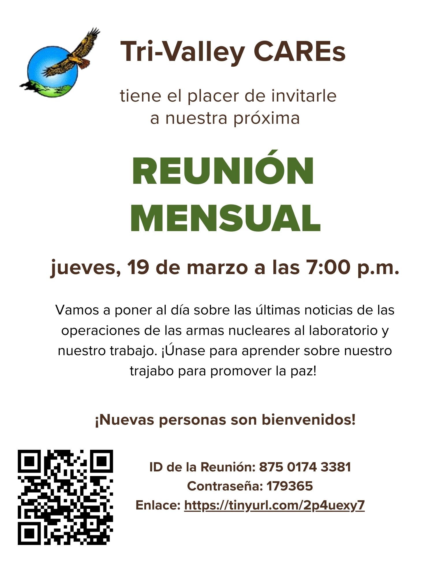 Tri-Valley CAREs le Invita a Nuestra Reunión Mensual de Marzo
