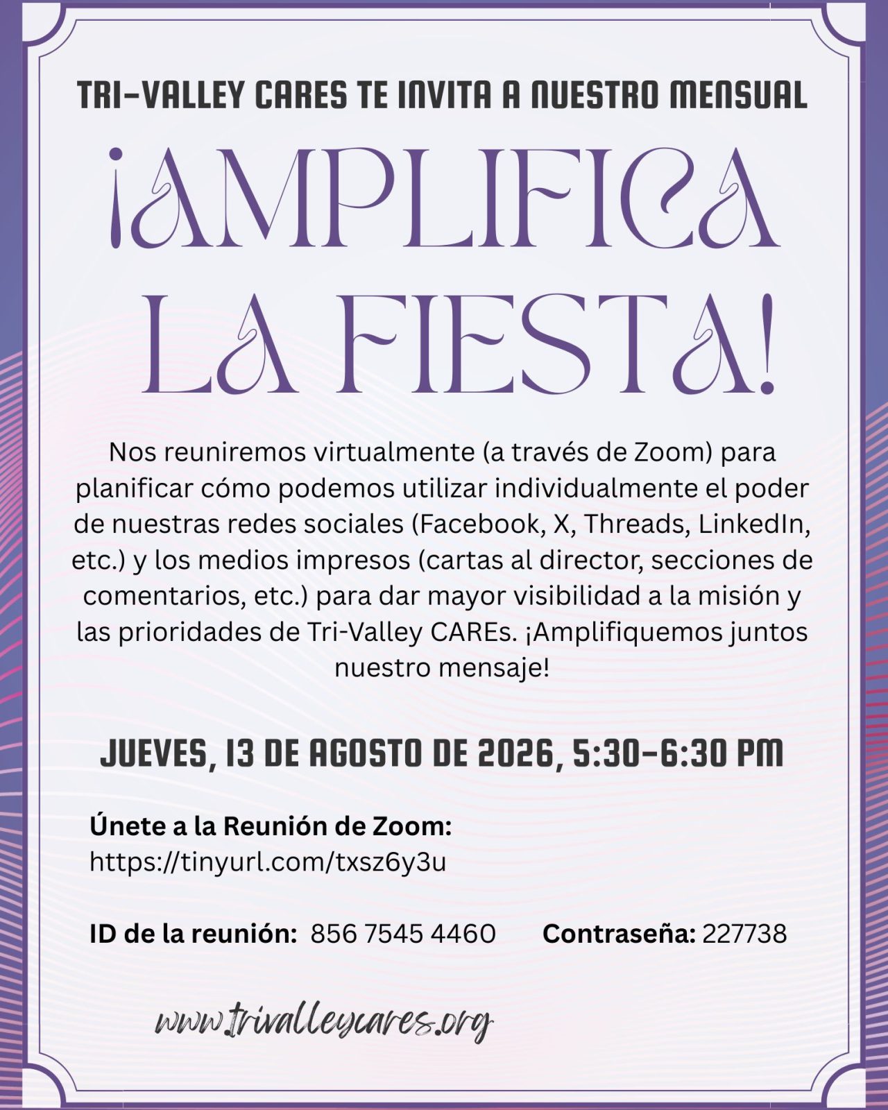 ¡Tri-Valley CAREs Lo Invita a Nuestra FIESTA de Amplificación Mensual!