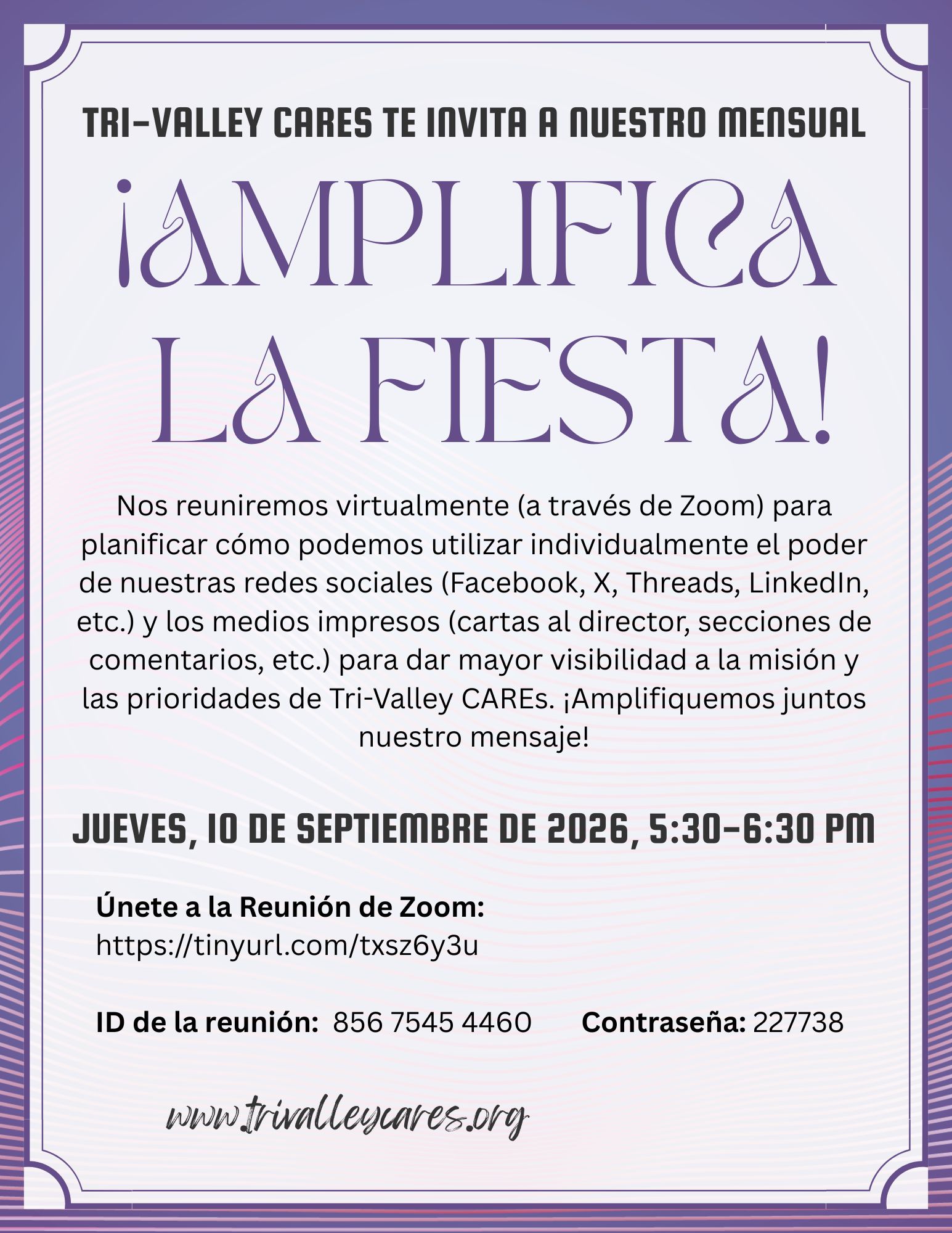 ¡Tri-Valley CAREs Lo Invita a Nuestra FIESTA de Amplificación Mensual!