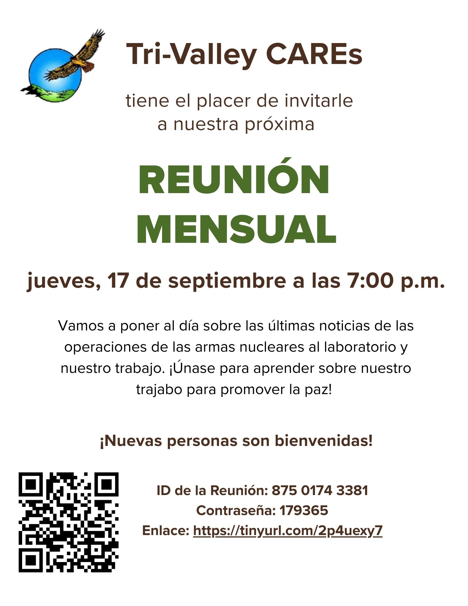 Tri-Valley CAREs le Invita a Nuestra Reunión Mensual de Septiembre